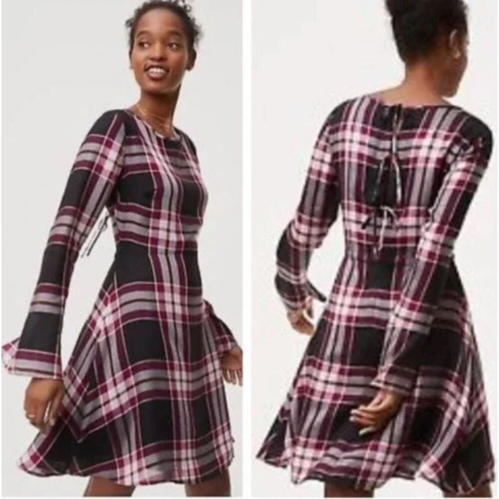 LOFT Bell Sleeve Dress Womens 12 Purple Black Plaid Dark Academia Whimsigoth